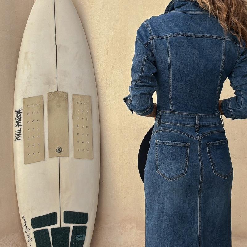 IHUASU Fashion Casual Multi-button Long Sleeve Denim Mid-length Dress