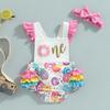 Baby Girls Summer Casual Romper Sleeveless Ruffle Donut Print Playsuit with Headband