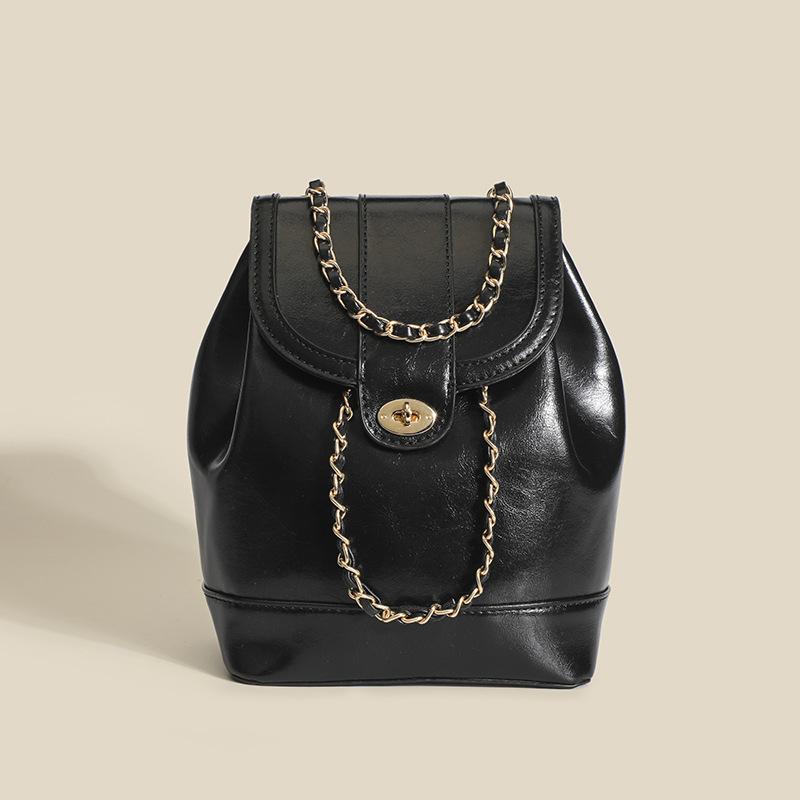 Fashion Women Leather Backpack Oil Wax Pu Leather Knapsack Mini Rucksack Chain Bucket Shoulder Bag