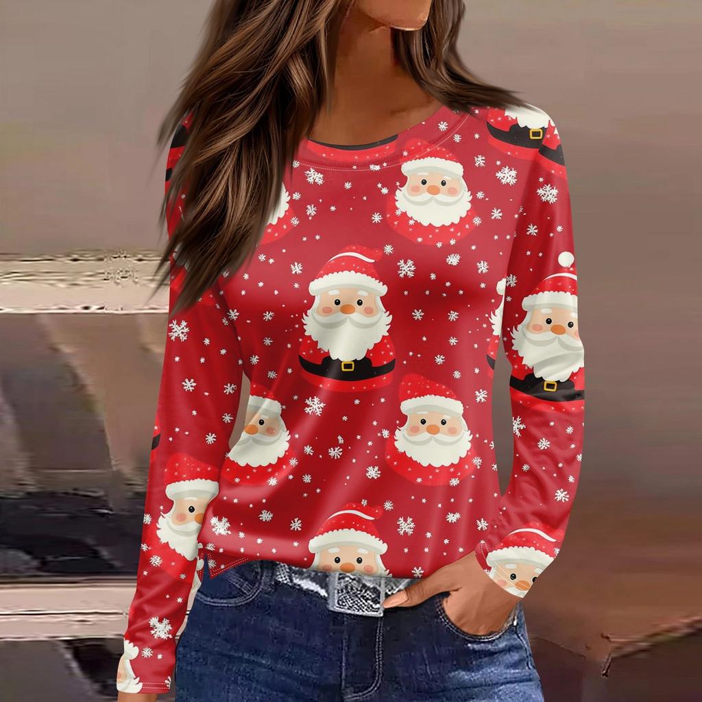 Длинные рукава женские топы цветочный принт винтажная мода повседневные свободные с R-образным вырезом рубашки больших размеров Рождество