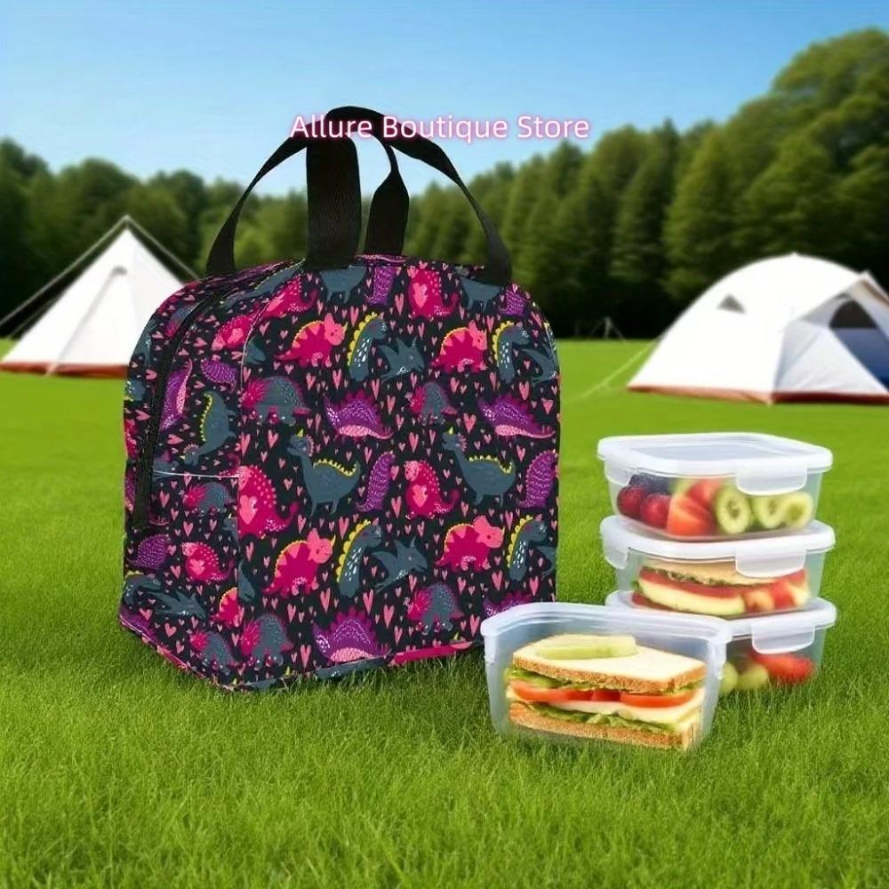 Dinosaur red and black printed durable fabric can be hand washed, non food contact - reusable lunch tote bag, lunch bag, size a