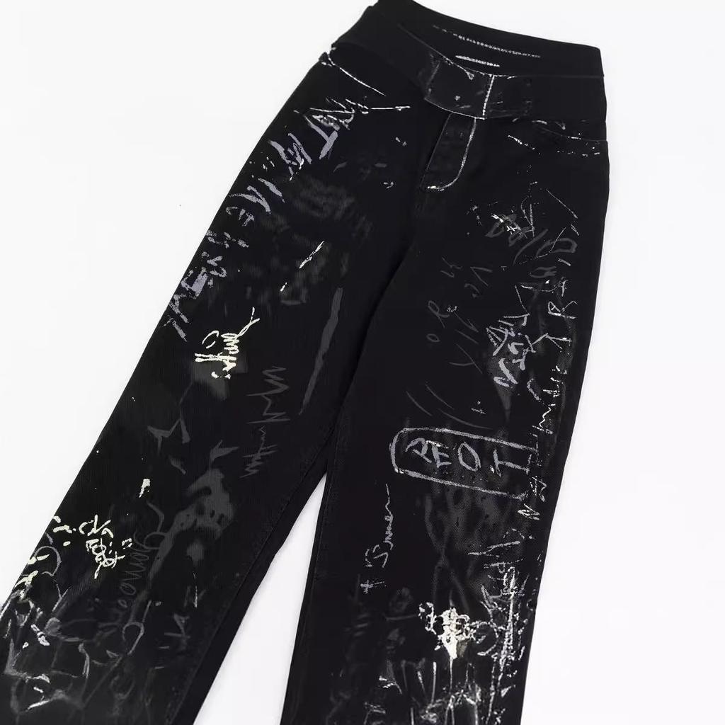 Unisex American Graffiti Print Wide-Leg Jeans - Niche Fashion