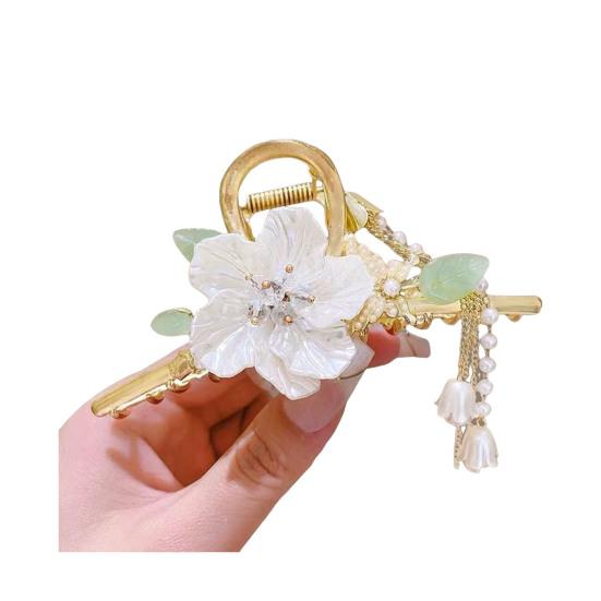 Women Hair Claw Shiny Rhinestones Faux Pearls Butterflies Decor Hair Clip Back Head Tassel Hair Decoration