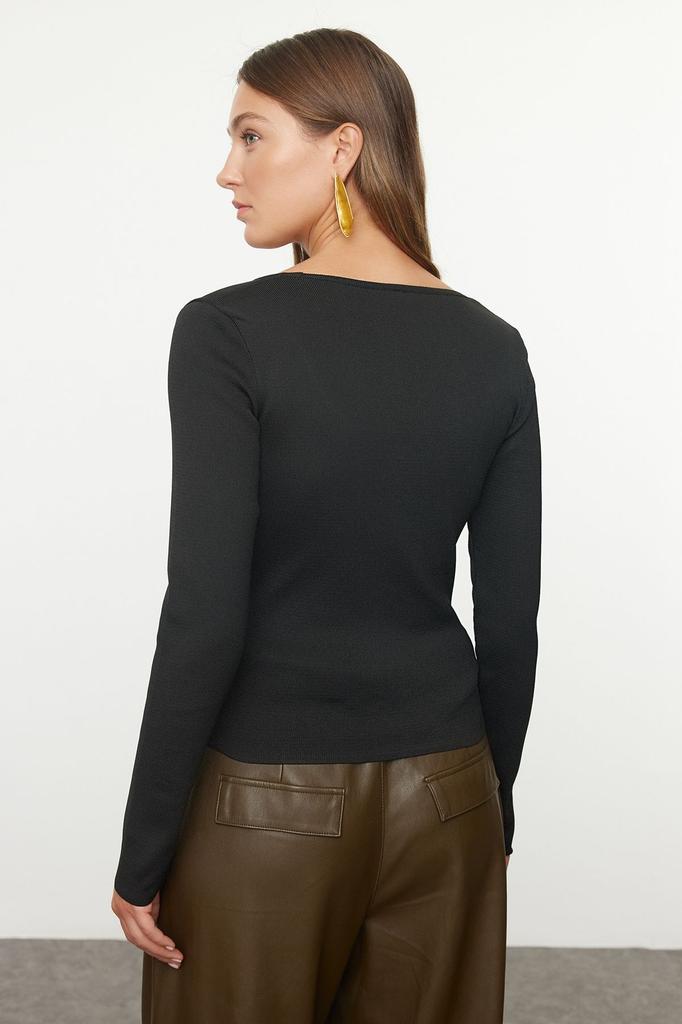 Женский свитер в элегантном стиле, черный базовый трикотаж с вырезом у бассейна