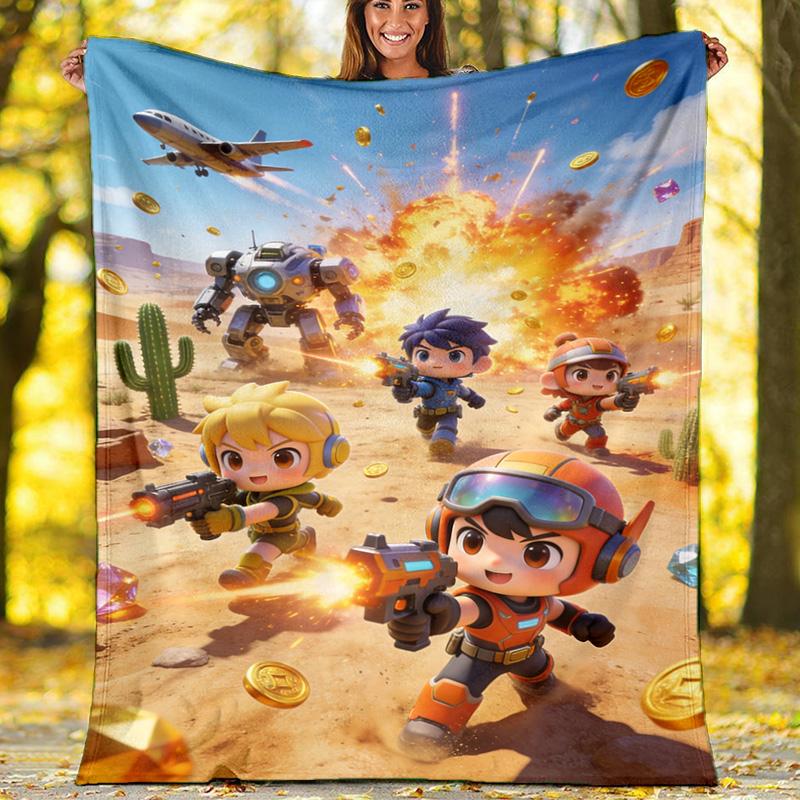Neon Cyber Shooter Team Flannel Blanket, Cute Cartoon Gamer Throw Blanket, Soft Warm Bed Blanket for Kids Room Decor