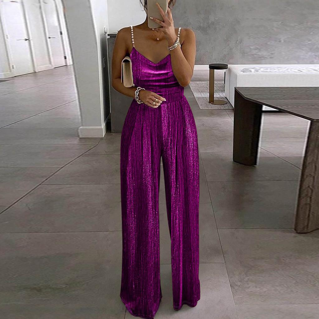 Женский модный и повседневный свободный цветной комбинезон с широкими штанинами, стягивающийся на талии, с элегантными бретелями, украшенными бусинами