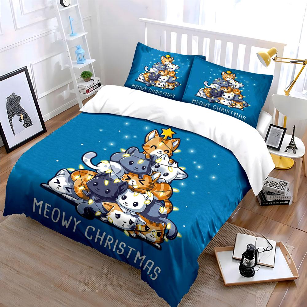 Christmas Cat Tree Pattern Bedding Duvet Cover Set Duvet Cover Pillowcases (1*Duvet Cover 2*Pillowcases, without duvet insert)