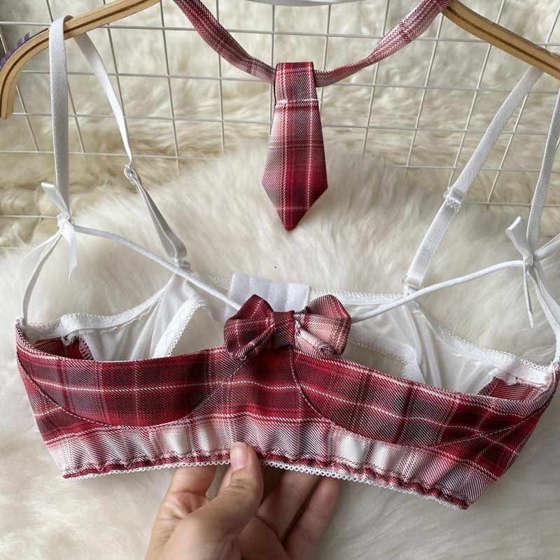 Cute Hollow Bra Plaid Miniskirt Roleplay Student Uniform Temptation Women Cosplay Schoolgirl Costumes Couples Sexy Home Clothing
