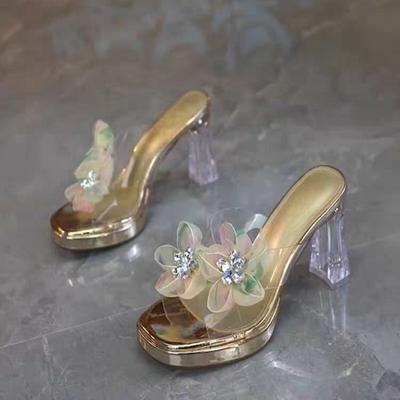 Модные туфли-шлепанцы на высоком каблуке Женская мода Круглый носок Открытый носок Кристальный цветок Водонепроницаемые На платформе Нескользящие Износостойкие Квадратный каблук