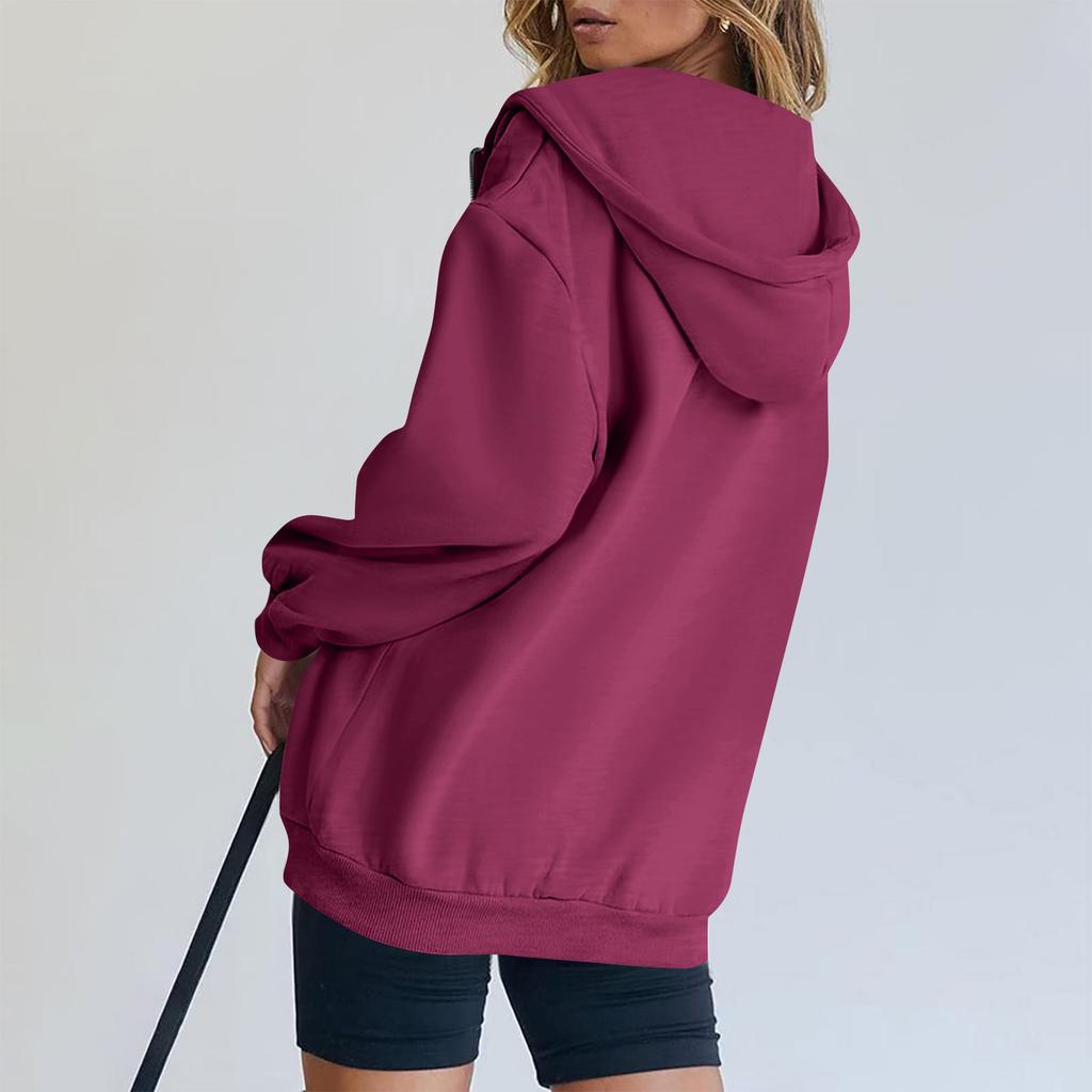 Женская модная толстовка с капюшоном на молнии с длинным рукавом, повседневная однотонная толстовка с карманами