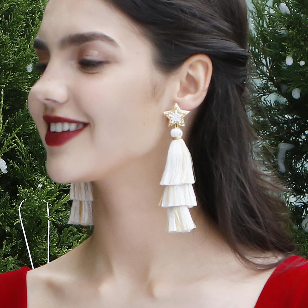 Осенние и зимние каникулы, длинные серьги с кисточками, легкие рождественские серьги ручной работы с пятиконечной звездой в цветущем стиле
