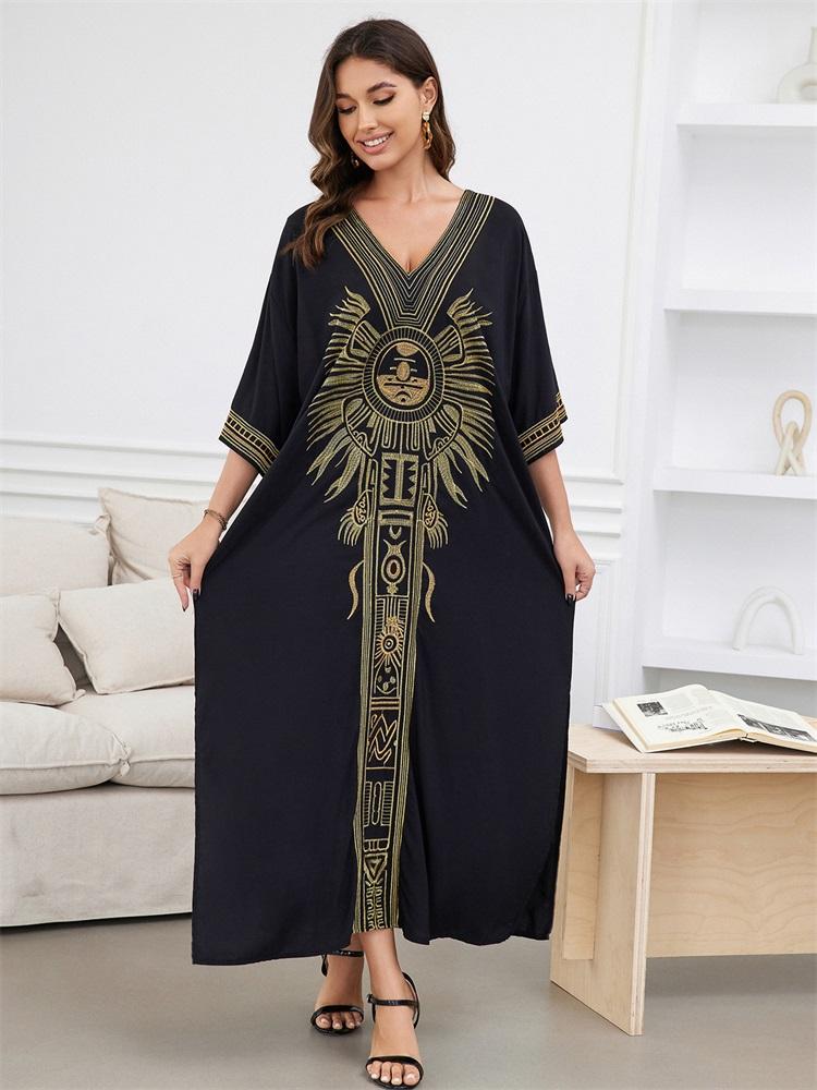 EDOLYNSA 2024 Vintage Plus Size Kaftan Ethnic Gold Embroidery Beach Dress Vacation Swimsuit Cover Up For Women Cozy V-neck Side Split House Robe