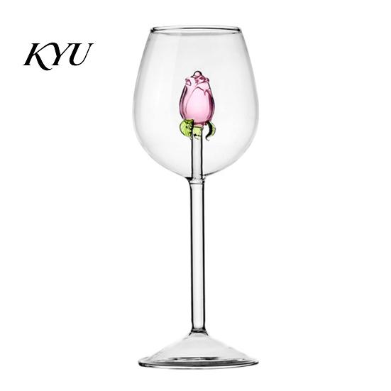 Crystal Wine Glasses Red Glass with Roses And Green Leaves Decorated, Clear Rose Decorated Goblet Decorative Glass, Elegant for Romantic Dinners