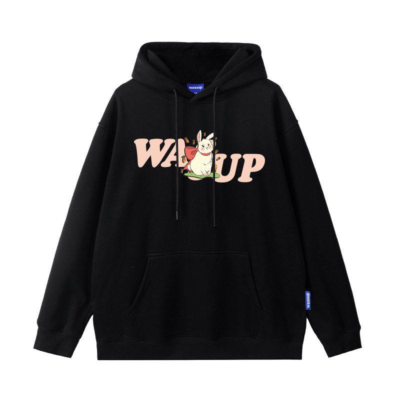 Wassup Rabbit Trendy Brand Hooded Sweatshirt for Men, New Autumn and Winter Loose Fit, Fleece-Lined, Couple Style Casual Top Jacket
