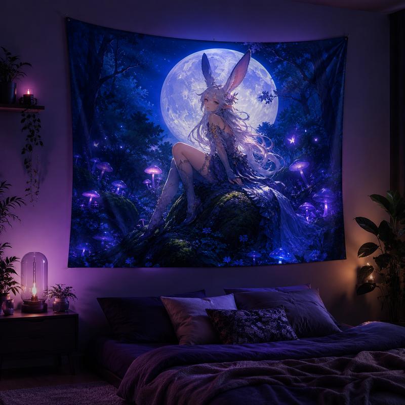 Moonnight Forest Rabbit Ear Elf Tapestry Dreamy Purple Tone Luminous Mushroom Moonlight Hanging Cloth Anime Room Decor