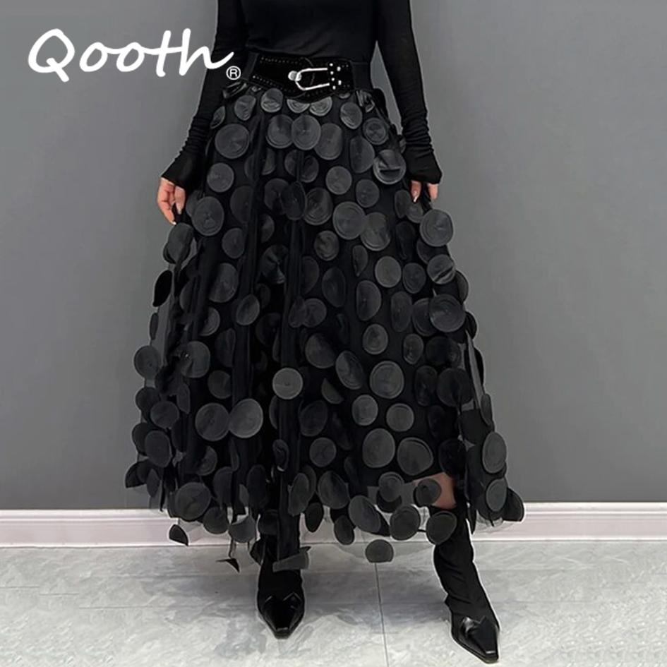 Qooth Women 3D Design Polka Dot Tulle Mesh Skirt Vintage Elastic Waist Long A-line Tutu Skirt QT2176