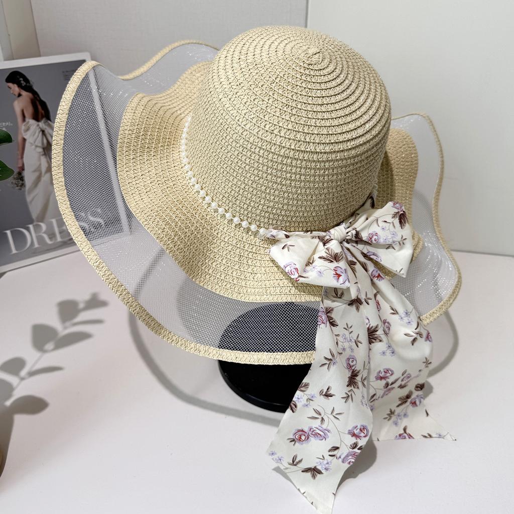 Summer New Straw Hat Floral Streamer Pearl Decoration Sun Hat Seaside Outing Big Eaves Sun Protection Hat