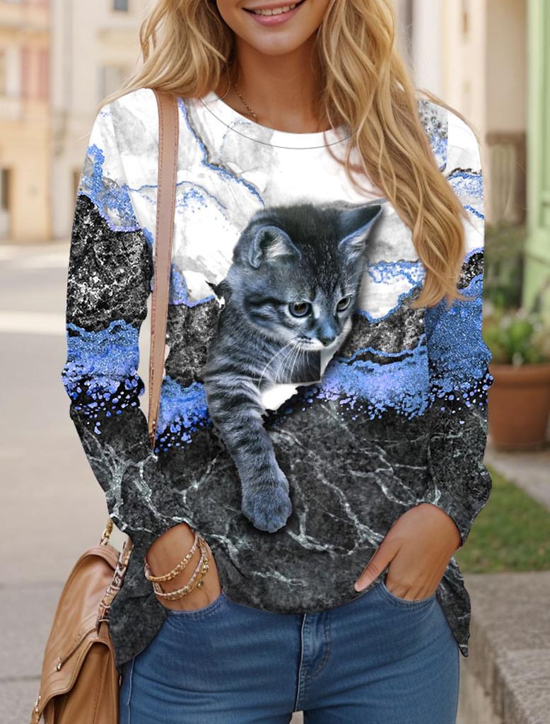 Women's T Shirts 3D Print Art Design Cat Pattern Long Sleeve Daily Weekend Fashion Funny Round Neck Regular Fit Spring & Fall
