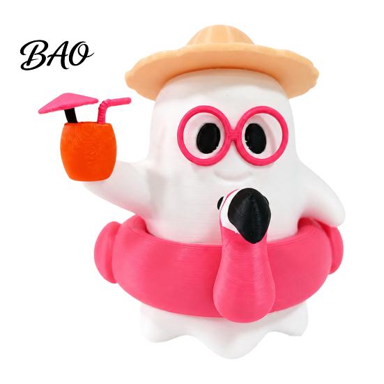 Micro Landscape Construction 3D Printed Summer Ghost Figurine, Cute Beach Theme Ornament with Decorative Storage Tray Accessories Straw Hat