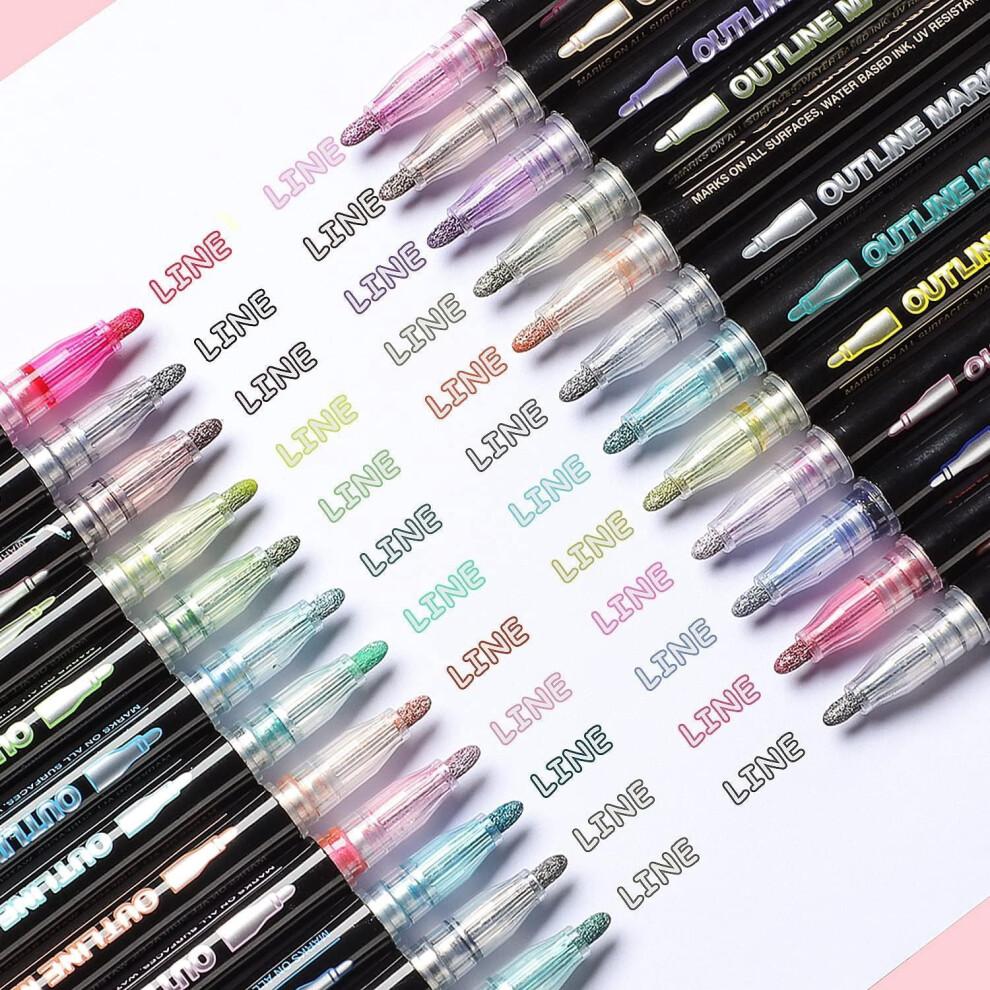 Dreamy Sparkle Dual-Line Contour Pen, 12 Colors Metallic Glitter Markers, 2mm Chisel Tip – Compatible with DIY Art, Scrapbooking, Cards