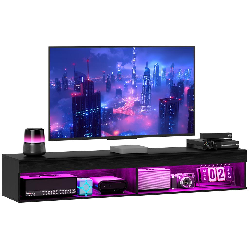 Wall-Mounted TV Cabinet up to 75" with 16-Colour LED Lights and Remote Control, 180x40x30cm, Black