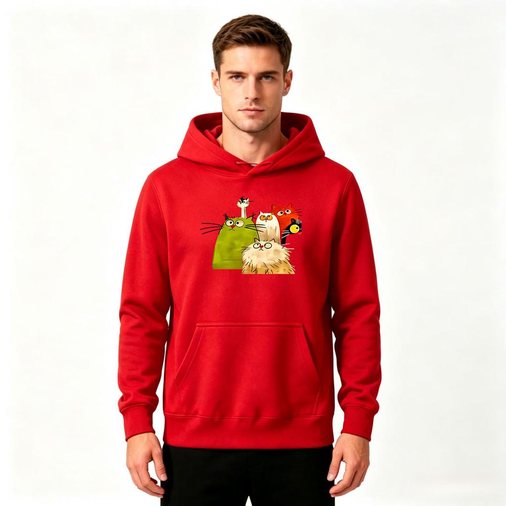 Men's Crewneck Hoodie, Cute Cartoon Cats Printed Casual Pullover Sweatshirt for Daily Wear