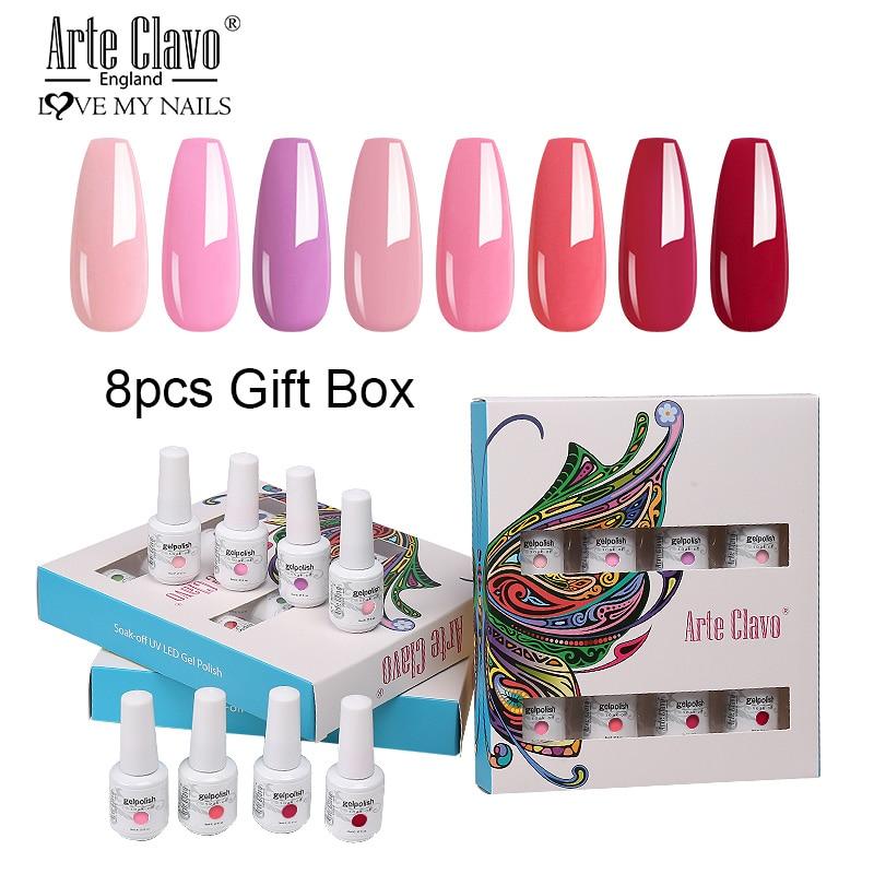 Arte Clavo 8 бутылок/набор, высококачественный блестящий гель-лак для ногтей для маникюра, гель-лак для дизайна ногтей, верхнее базовое покрытие, лак