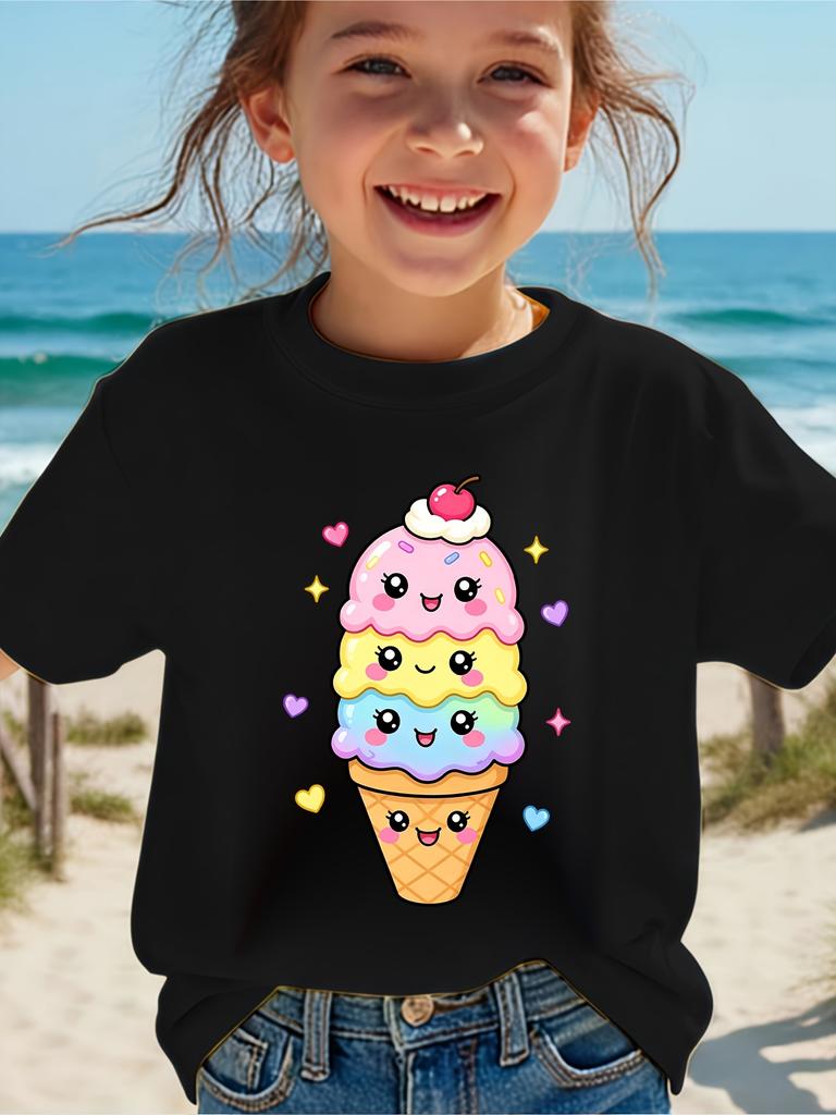 Kids Boys Girls Matching Tee Cute Smiley Rainbow Ice Cream Cartoon Graphic Short Sleeve Crew Neck Toddler Casual Outfit