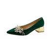 Flowers Pointed Toe Pumps for Women's 2024 New Green Silk Low Heels Shoes Woman Slip On Thin Heeled Lady Shoes Green Party Shoes