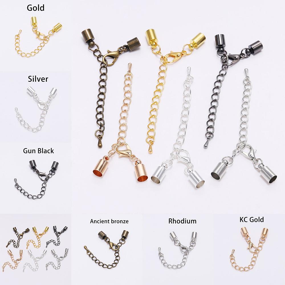 10pcs 3-10 mm Tassel Round Leather End Tip Caps With Extending chain Lobster Clasps Hooks Connectors For Jewelry Making Findings