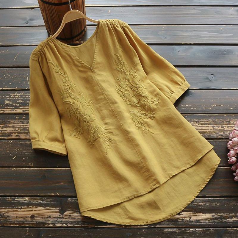 Летняя свежая вышитая свободная футболка с V-образным вырезом, повседневный свитер из хлопка и льна с короткими рукавами для женщин