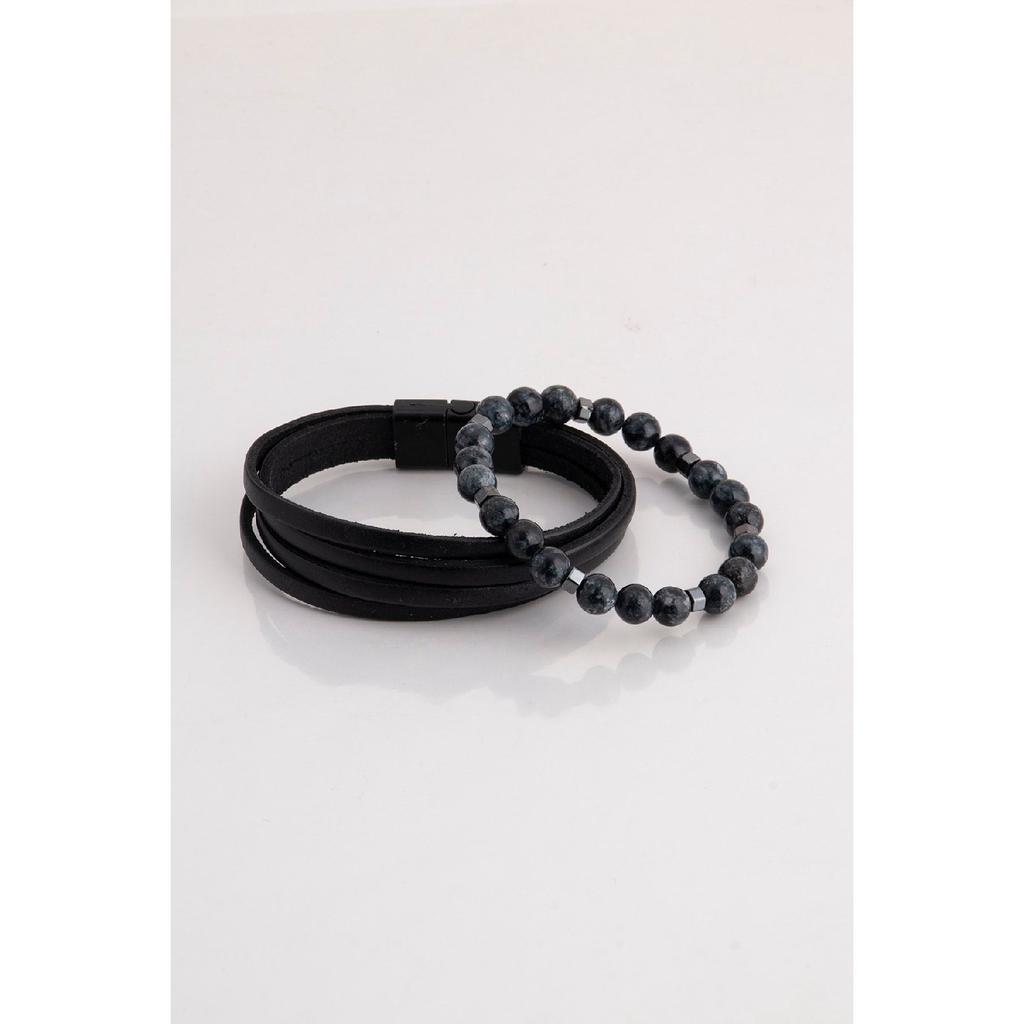 Мужской комбинированный браслет из черной натуральной кожи и гематита из натурального камня 001