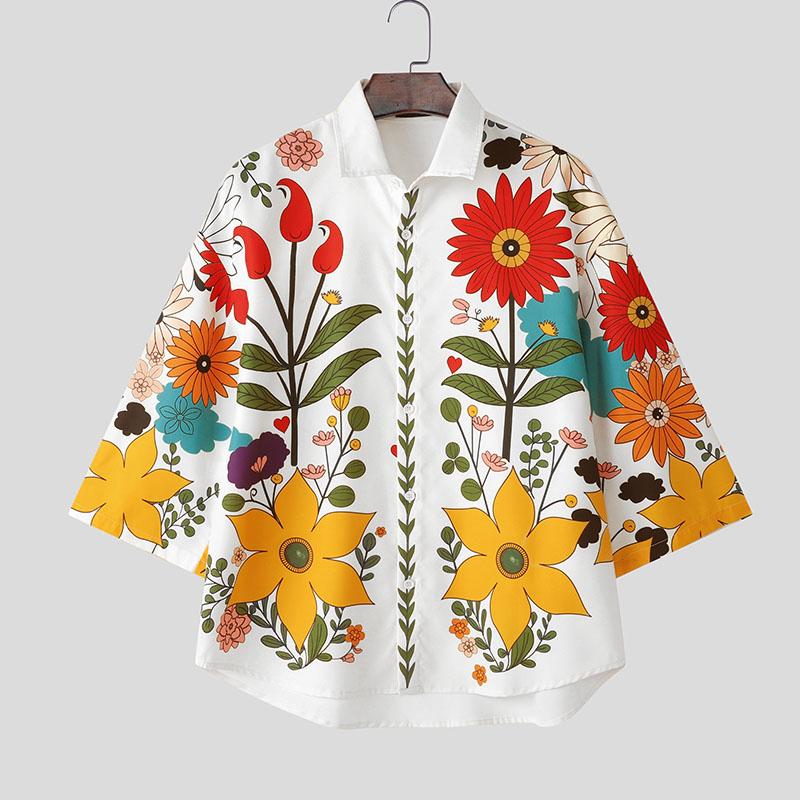 INCERUN Рубашки свободного покроя для мужчин с воротником-лацканами, рукавом 3/4, пуговицами, цветочным принтом, для отдыха