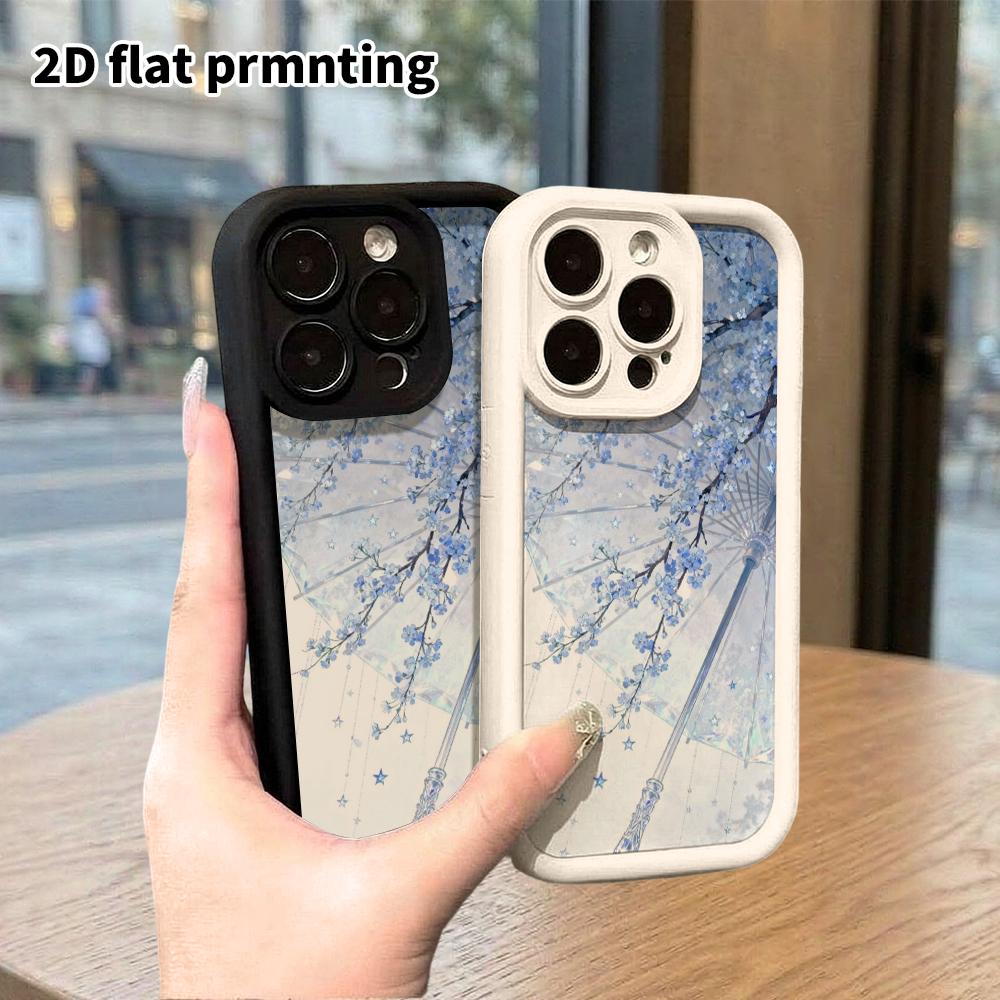 Phone Case: 2D flat design suitable for iPhone 18 17 16 15 14 13 Pro stepped protective case, Star Umbrella and Blue Flower, Christmas and Halloween g