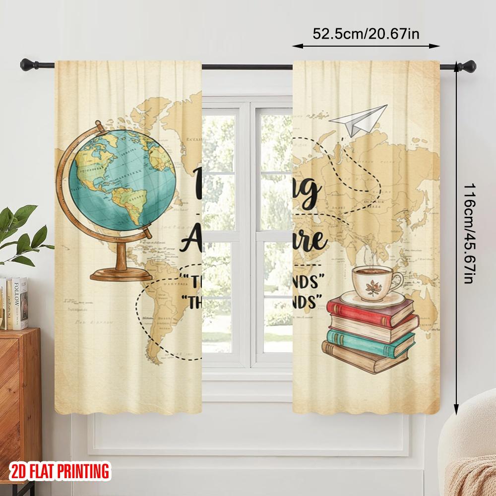2pcs 2D Flat Printing Party Curtain Reading Adventure Globe Books Polyester Without Electricity Festive Holiday Use for Entryway