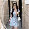 Синяя огромная красивая короткая юбка дети! Новое платье-футляр с коротким рукавом и U-образным вырезом для раннего лета, облегающее бедра
