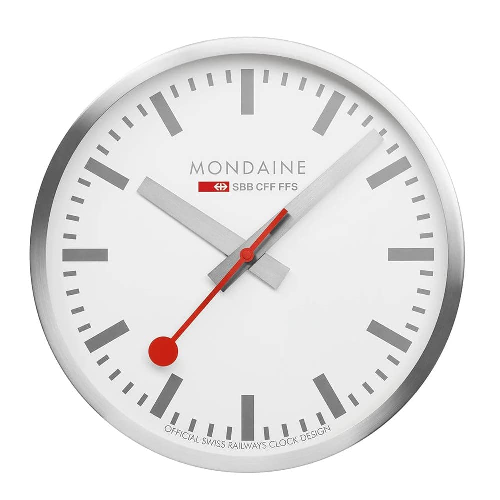 Mondaine Wall Modern Clock, Aluminum, Silver, Silver,