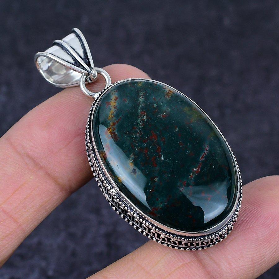 Bloodstone Gemstone Handmade 925 Sterling Silver Jewelry Pendant 2.17" H6Y86