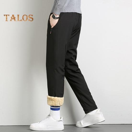 Winter Men Pants Thick Fleece Drawstring Elastic Waist Heat Retention Zipper Pockets Solid Color Warm Sport Travel Work Trousers