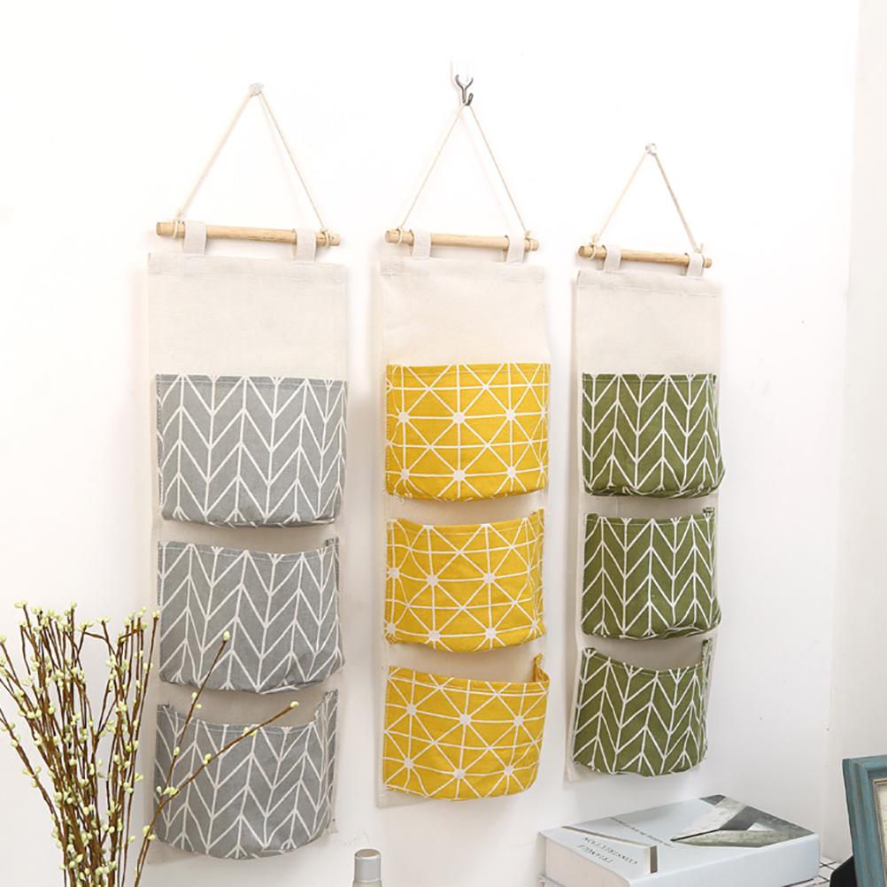 3 Pockets Hanging Storage Bag Over Door Hanging Closet Organizer Linen Cotton Waterproof Storage