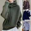 Women Sweater Pile Collar Drawstring Hooded Long Sleeve Knitting Tops Solid Color