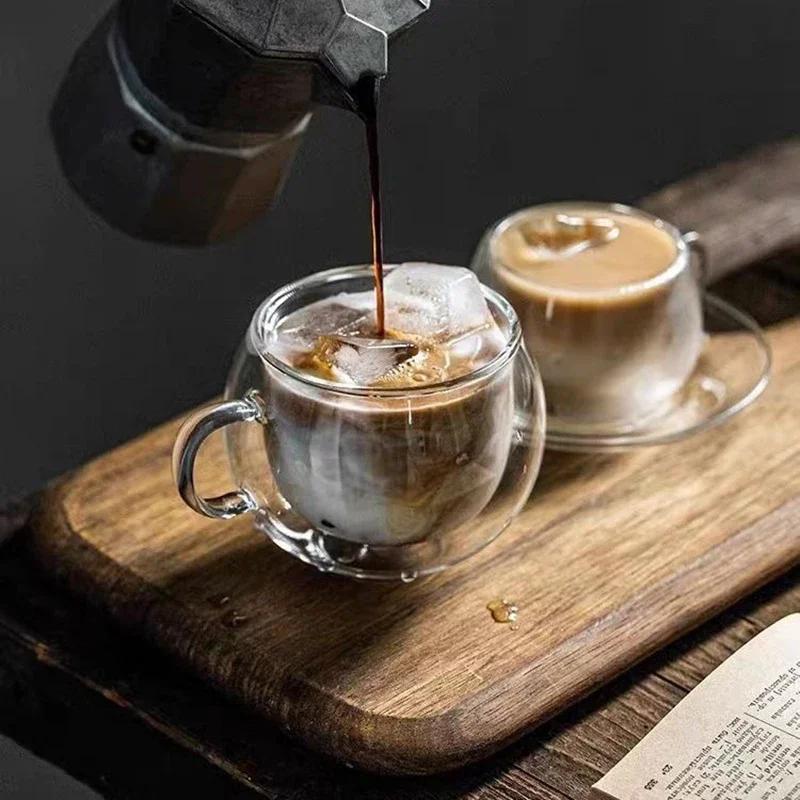 150/300ml Double Wall Glass Coffee Cup with Saucers and Spoon Heat Resistant Espresso Cups With Handle Mug Drinkware Milk Teacup