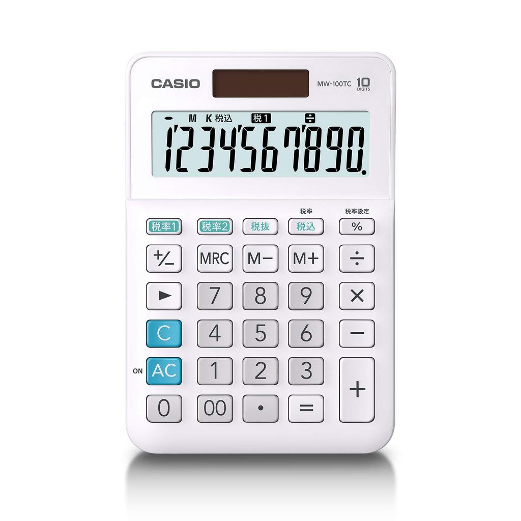 Casio Мини-калькулятор W с налоговой ставкой, 10-значный, Белый, Тип, MW-100TC-WE-N