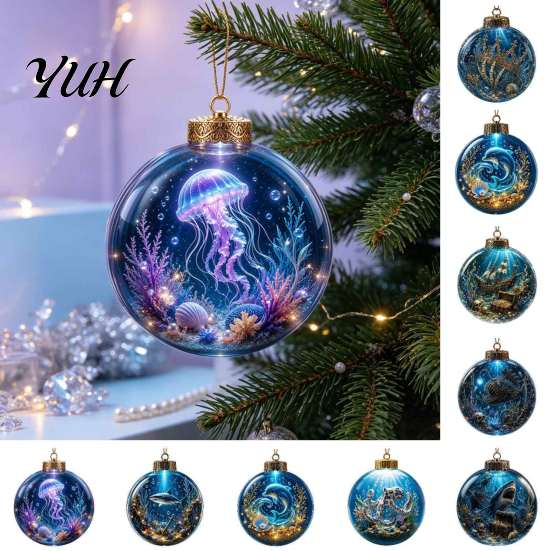 Unique Sea Life Christmas Presents Ocean Ball Ornament, Clear Acrylic Light-Up Creative Tree Accents Hanging Decoration for Xmas Tree, Holiday
