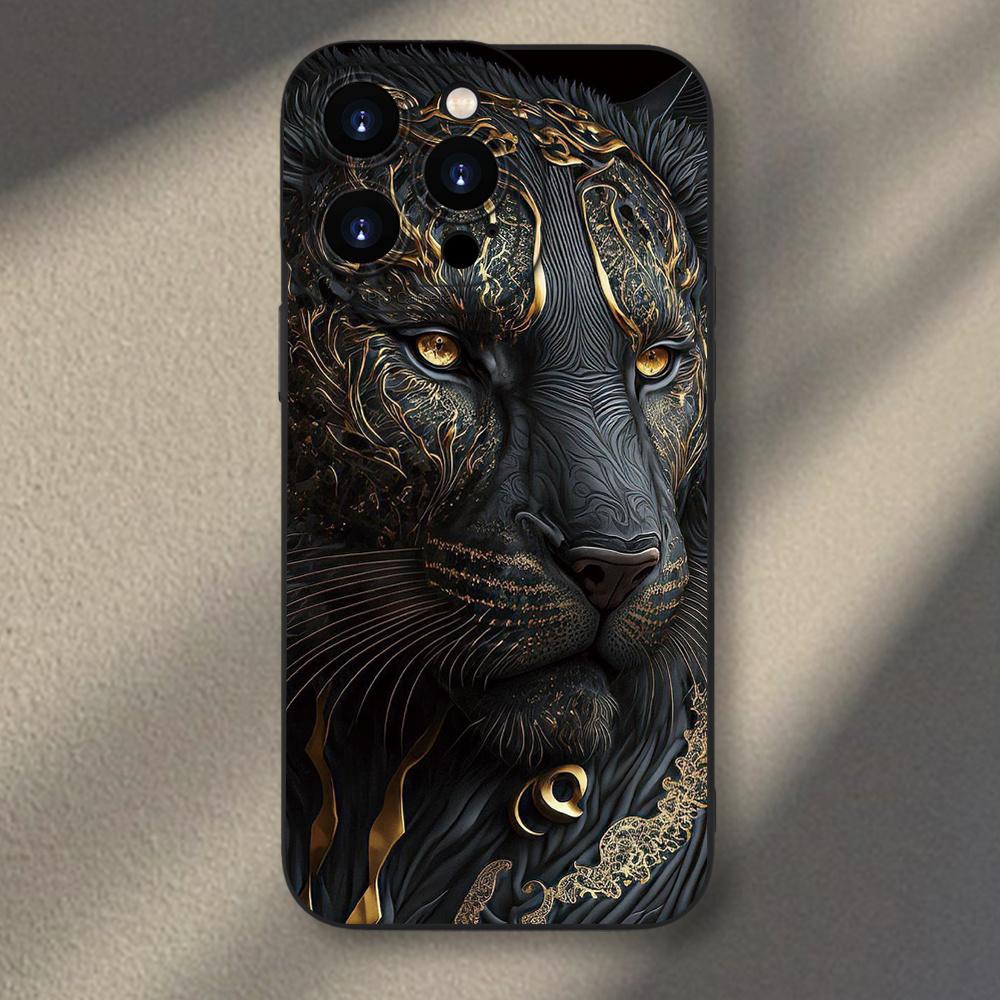 Матовая Черная Чехол-Бампер с Золотым Львиным Узором для IPhone 17 16 15 14 13 12 11 Pro Max Air, Ударопрочный, Гибкий