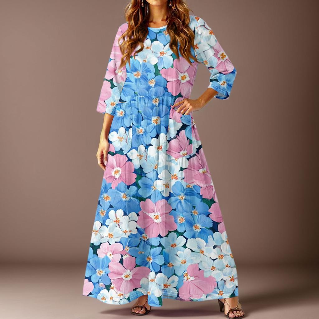 Женское повседневное модное платье с цветочным принтом, рукавом три четверти и карманами