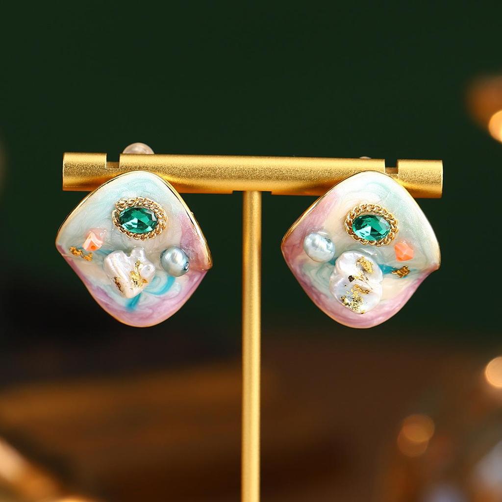 Серия картин Ван Гога и Моне: Серьги-пусеты «Французский цветок» из эмали с натуральным жемчугом, серебро 925 пробы, летняя коллекция.