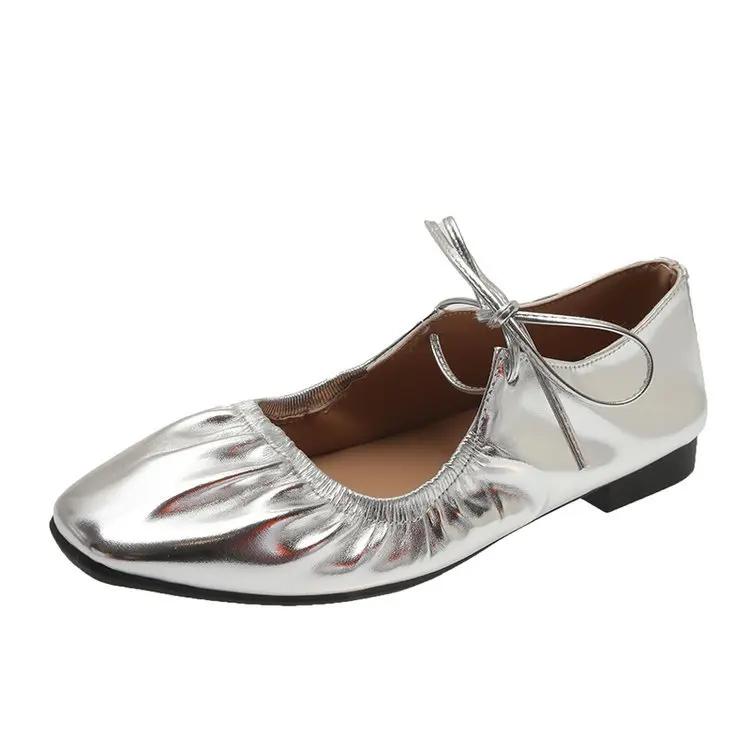Модные женские плоские мягкие лоферы на шнуровке, женские весенние новые модные серебристые туфли Мэри Джейн, женские повседневные туфли для платья, уличные балетки