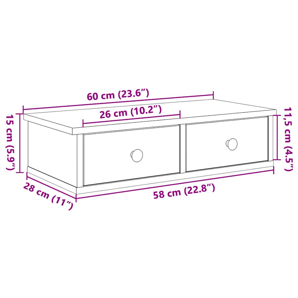 Wall Mounted Shelf with Drawers Black 60 x 28 x 15 cm Particleboard