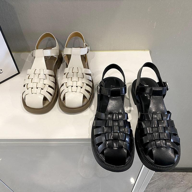 Модные женские сандалии Baotou однорядные сандалии с пряжкой на низком каблуке женские летние 2024 плетеные римские женские туфли женские сандалии на плоской подошве